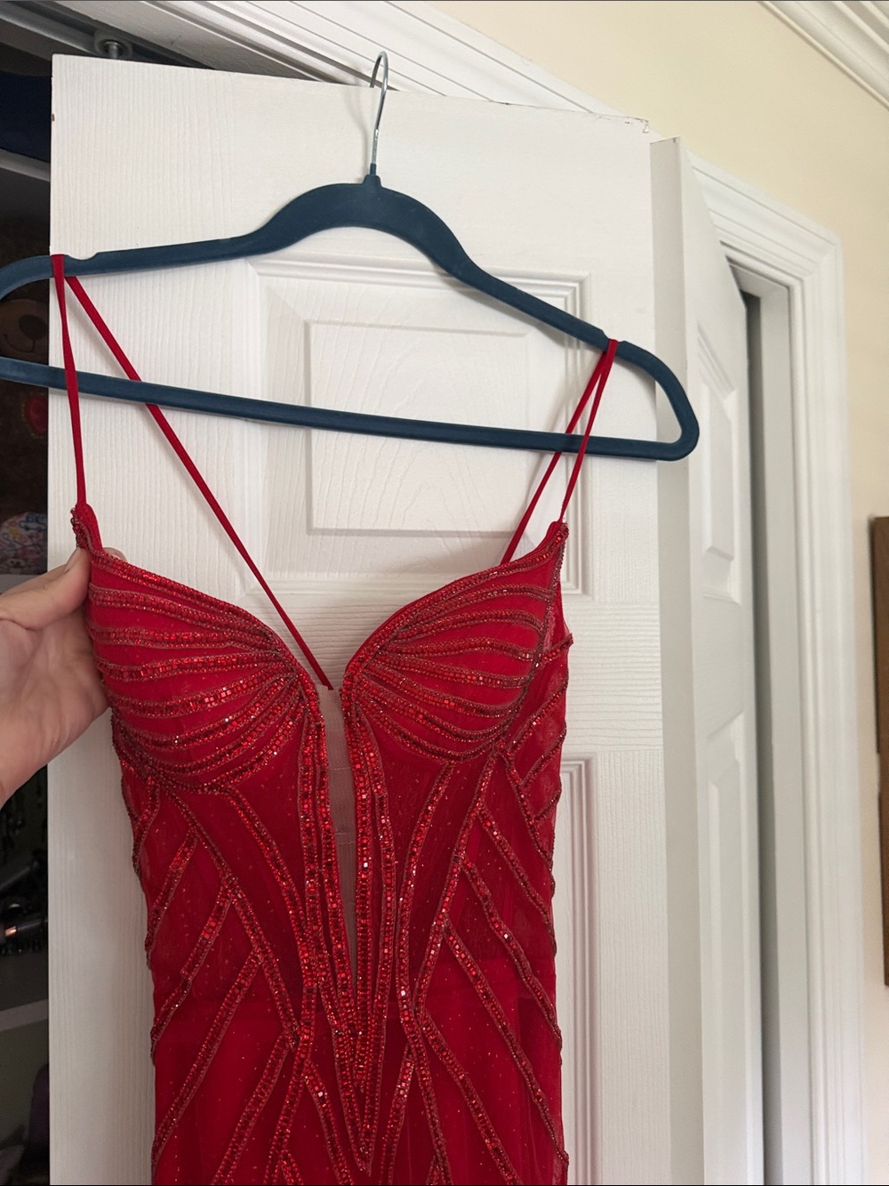 Red Beaded Spaghetti Strap Dress. Prom dress. Used for 3 hours